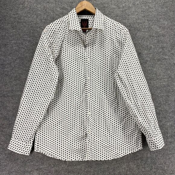 New Linea Uomo Shirt Men XL White Geometric Button Up Collared Stretch Cotton - Picture 1 of 10